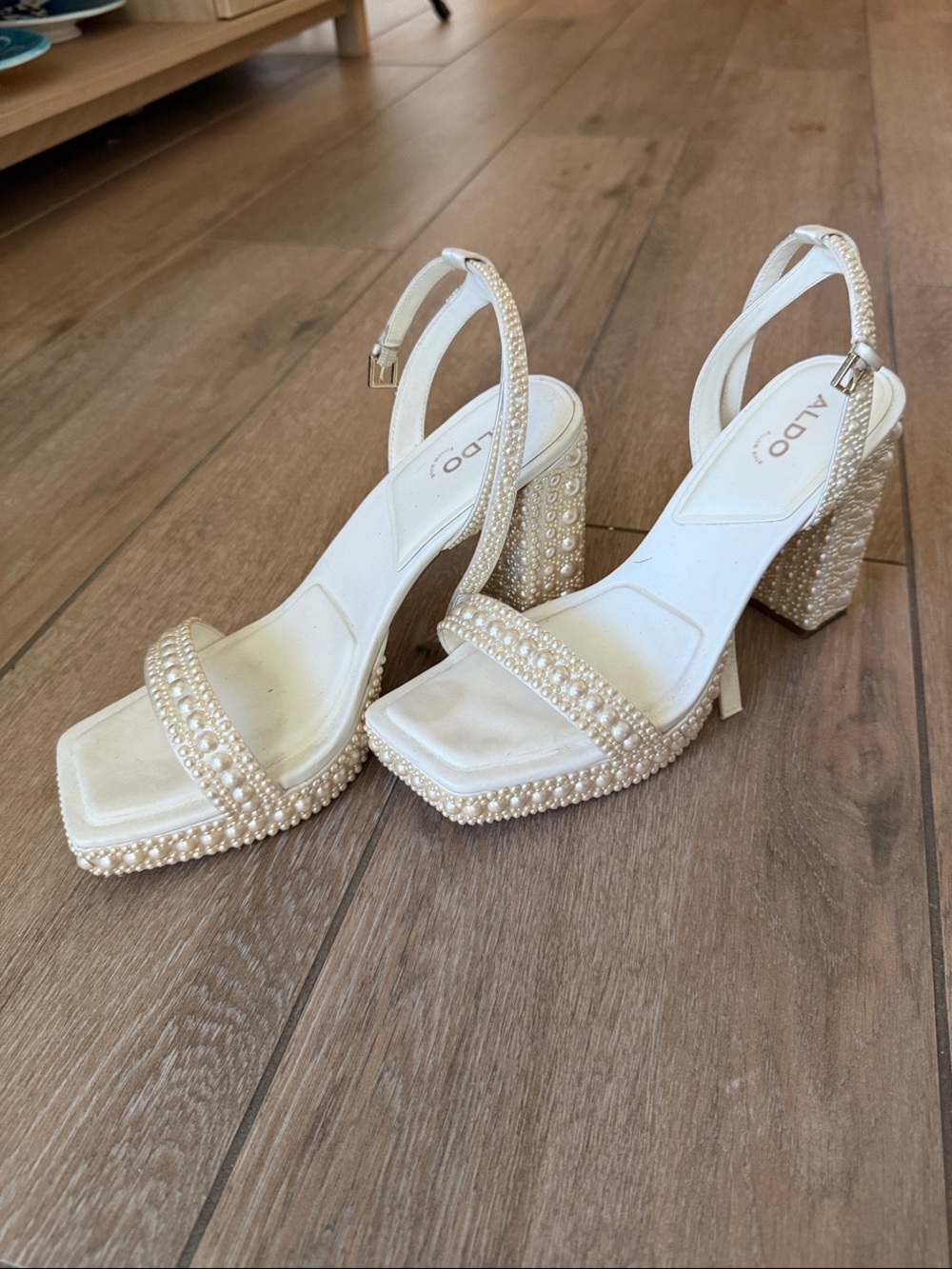 ALDO Pearl-Trim Ivory Block Heel Sandals